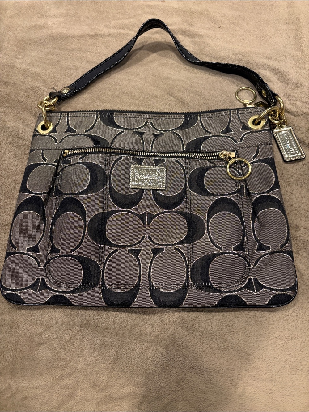 Coach Gray and Black Signature Jacquard Shoulder Bag with Gold Hardware